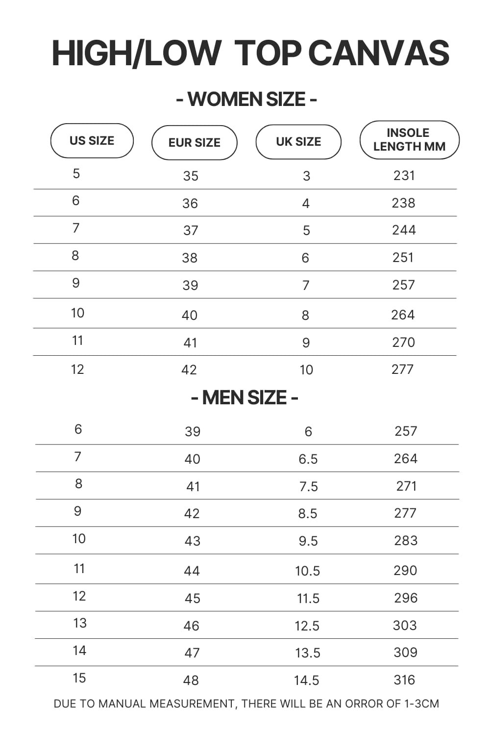 High Top Low Top Canvas Shoes Size Chart - Sailor Moon Store