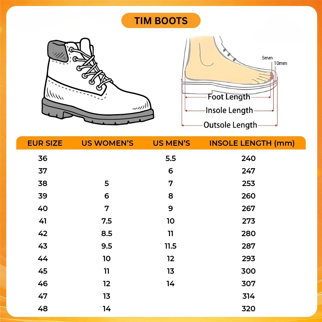 Tim Boots V1 Size Chart - Sailor Moon Merch